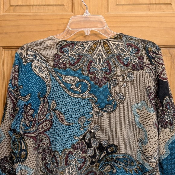 Chico's Sweater Pullover 2 LG Paisley Floral LS Top Green Brown Boho Artsy Comfy - Picture 8 of 12